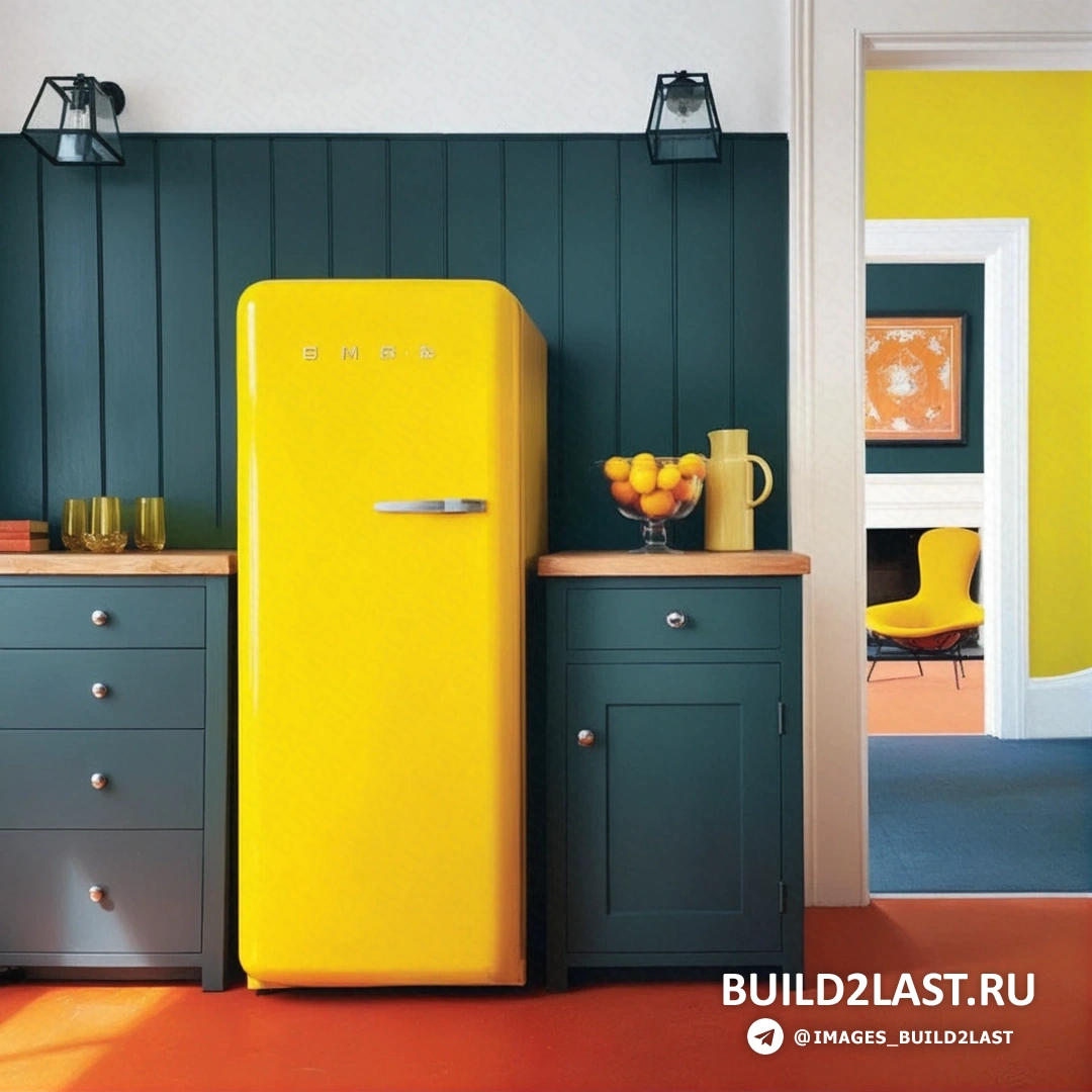 Британская кухня с холодильником в красных и синих тонах, полками и кухонной мебелью