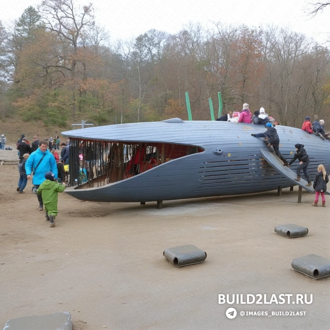 Детская площадка с серыми и красными элементами среди зелени