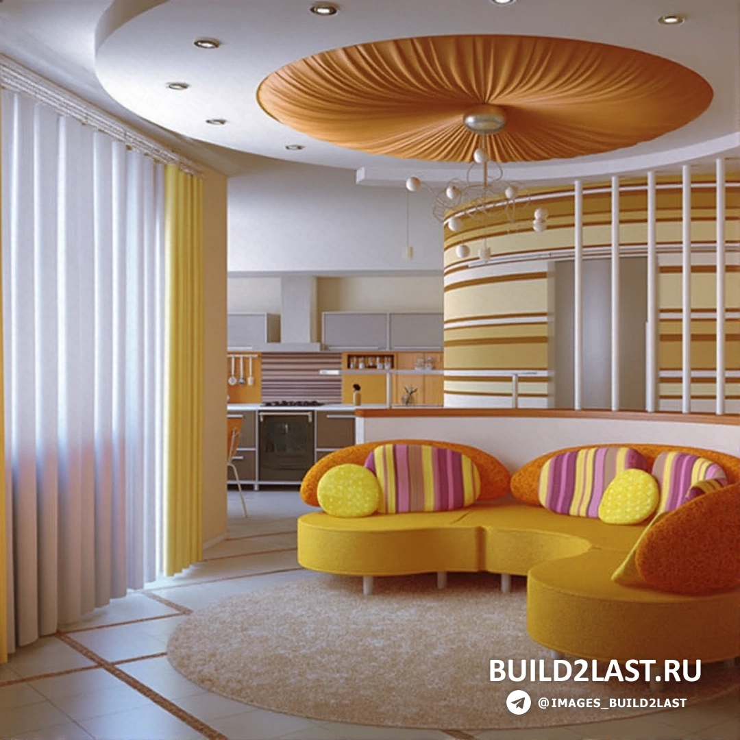 Элегантная гостиная с оранжевым диваном и многоуровневыми потолками, тканевыми декорами и современными люстрами