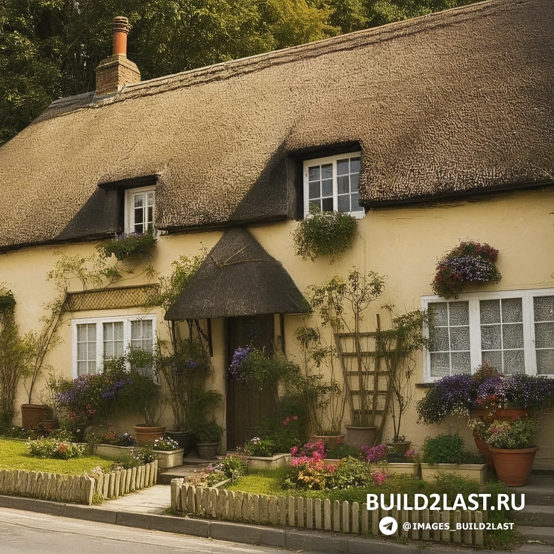 Фасад дома с забором, ландшафтный дизайн, зеленый и серый оттенки, Англия