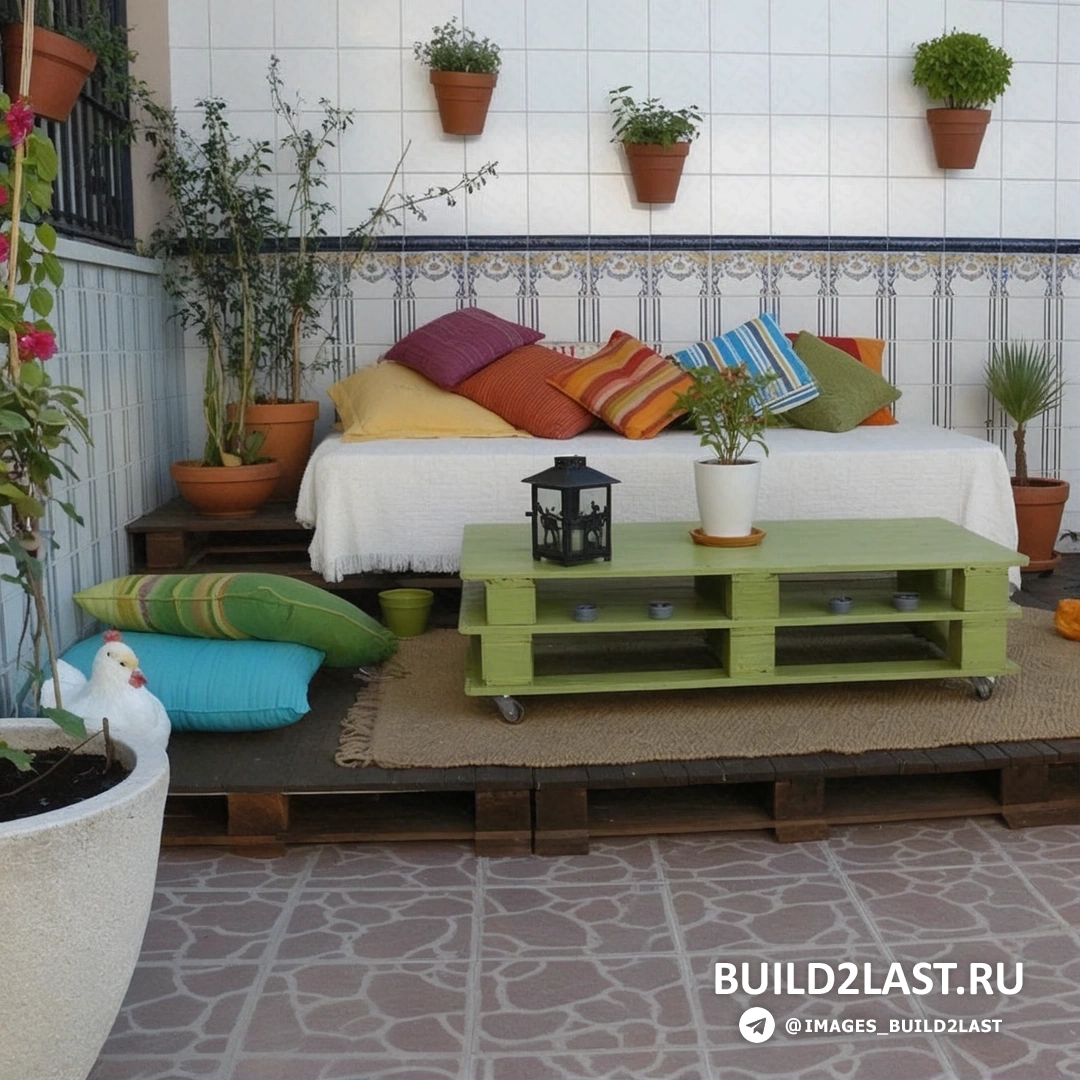 Генеральная идея использования деревянных поддонов для создания уютного журнального столика с декоративными подушками и кашпо в бохо-стиле на террасе.