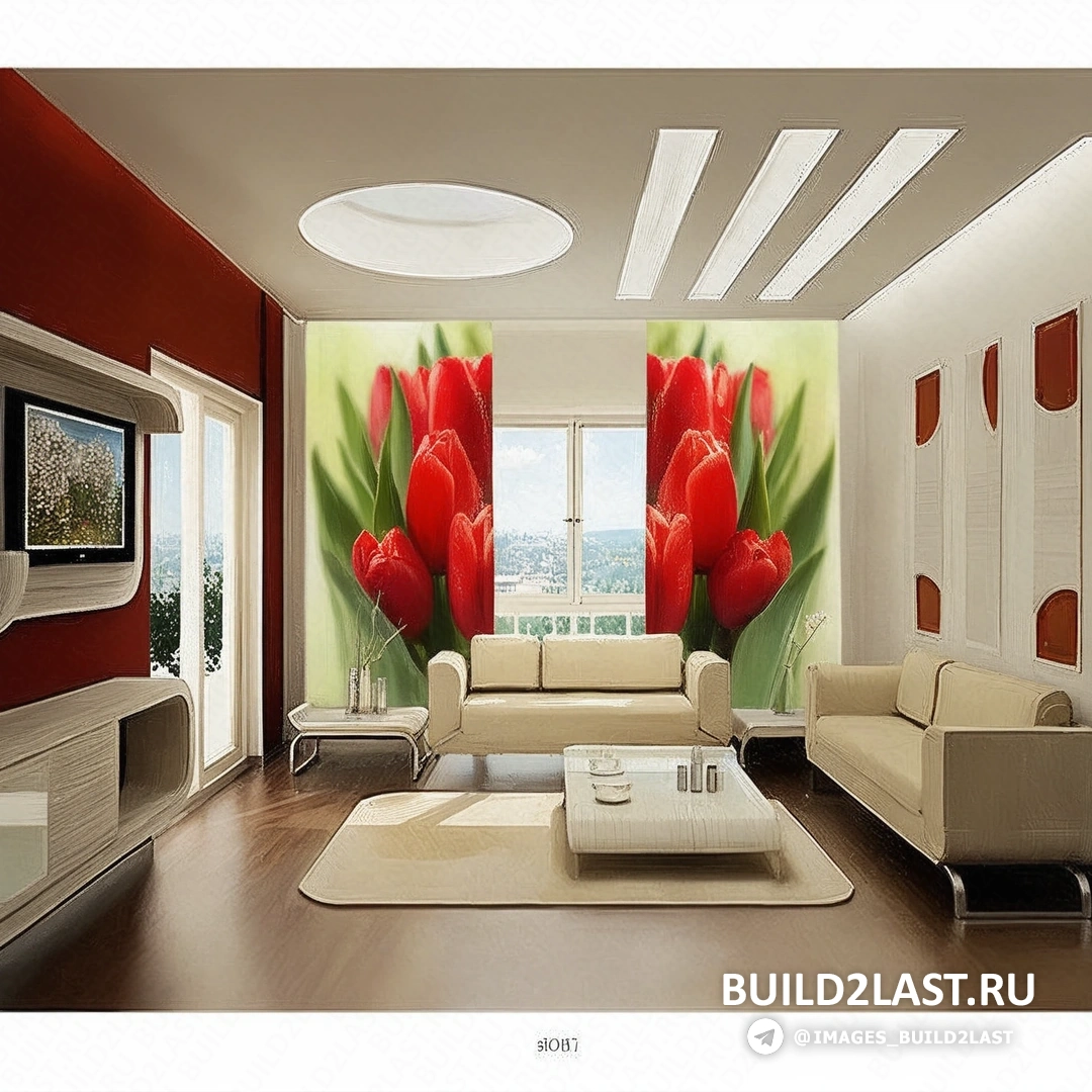 Гостиная с разноцветными фотошторами и гардинами, создающими яркую и стильную атмосферу.