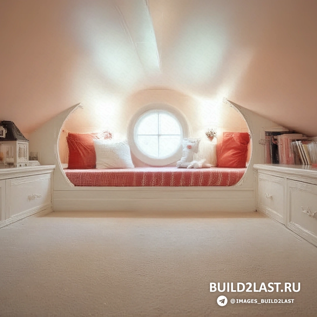 Игровая зона с ковром и мягкими пуфами на чердаке