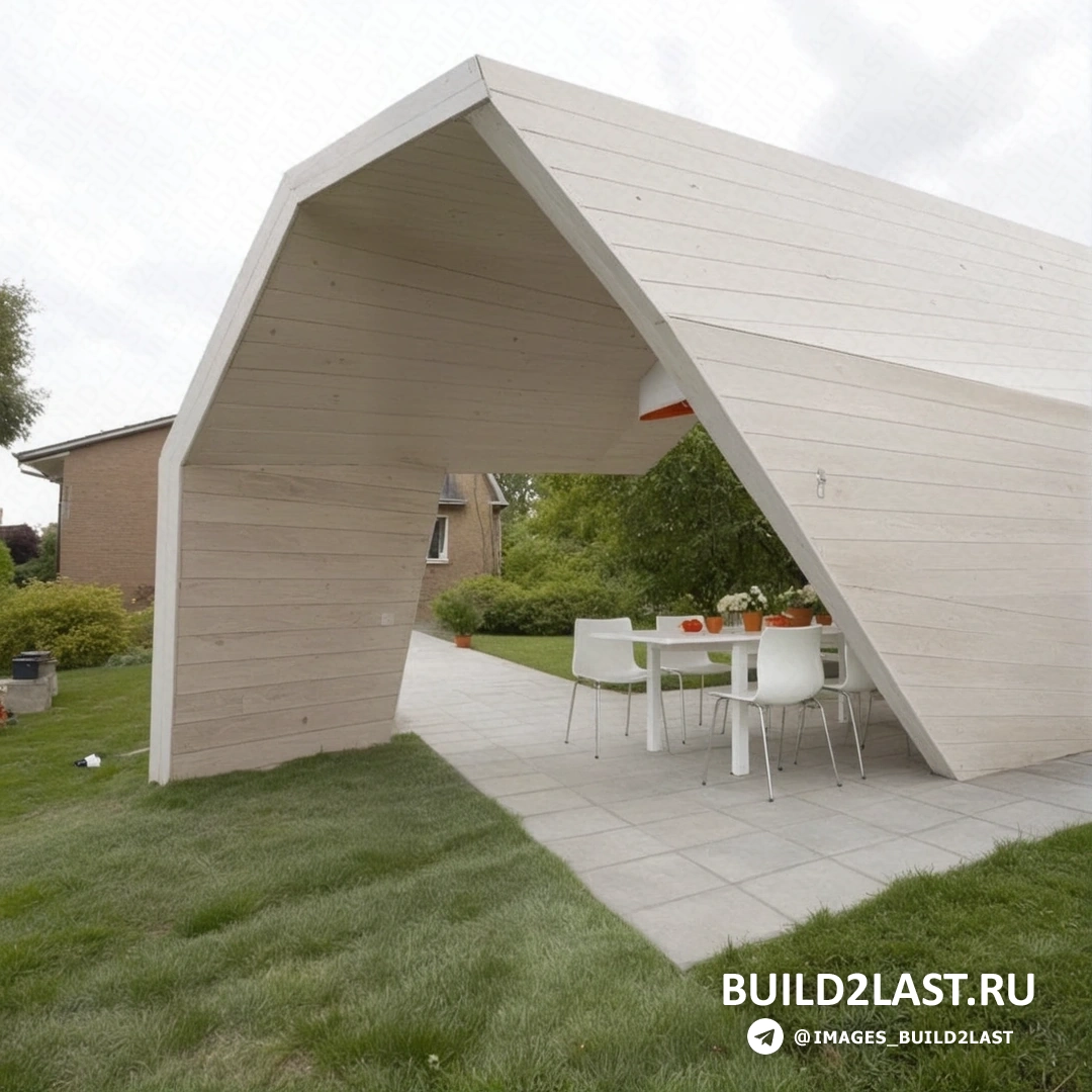 Иллюстрация с подвесными светильниками, точечным освещением и садовой мебелью в дачной беседке с оранжевыми акцентами и светлым деревом, а также уличным грилем.