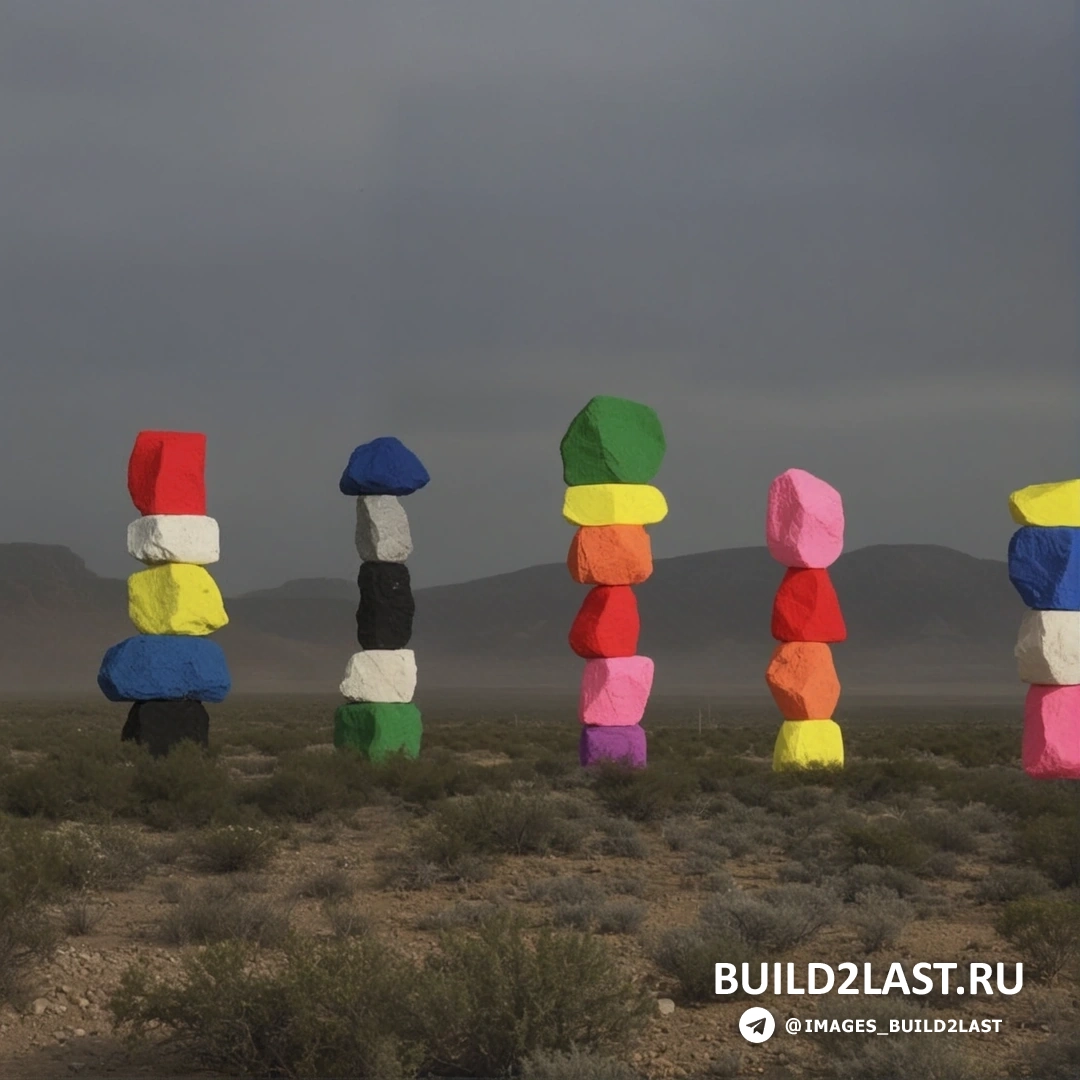Инсталляция в пустыне США с разноцветными камнями, выполненная в авангардном стиле с использованием дикого камня.