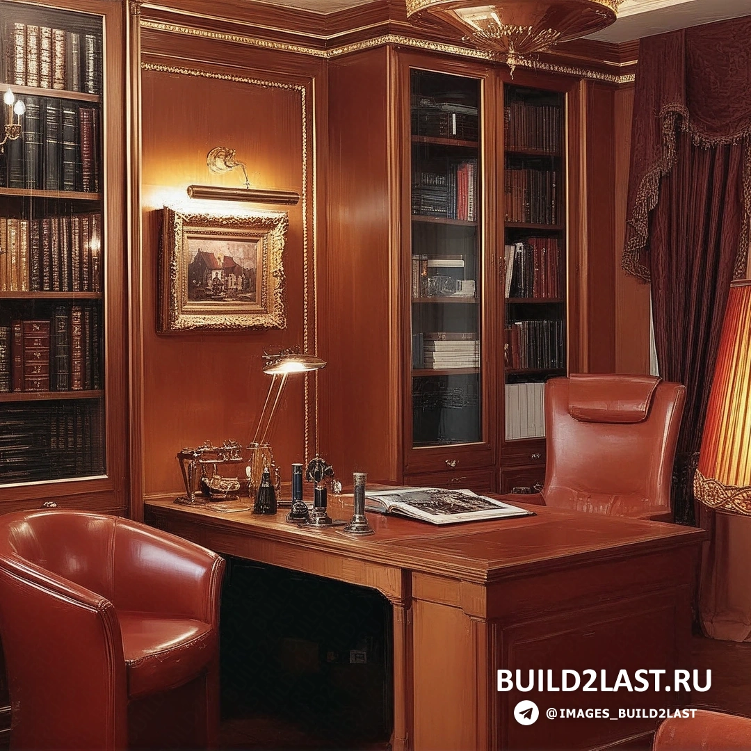 Кабинет в английском стиле с коричневыми и бежевыми оттенками. Кессонные потолки, люстры и стильная мебель создают атмосферу классической элегантности.