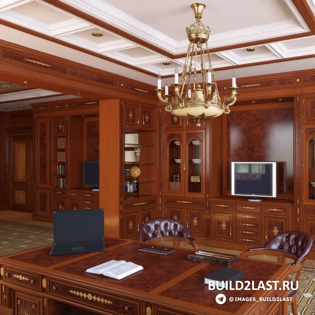 Кабинет в стиле арт-деко с белыми, золотистыми и серыми акцентами, украшенный настольными лампами. Стол, кресла и шкаф вносят стильную строгость и комфорт.