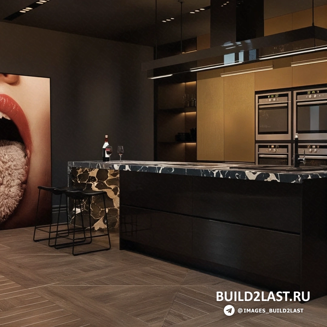 Кухня с декоративными покрытиями, стульями и мраморной отделкой, темное дерево и светодиодное освещение.