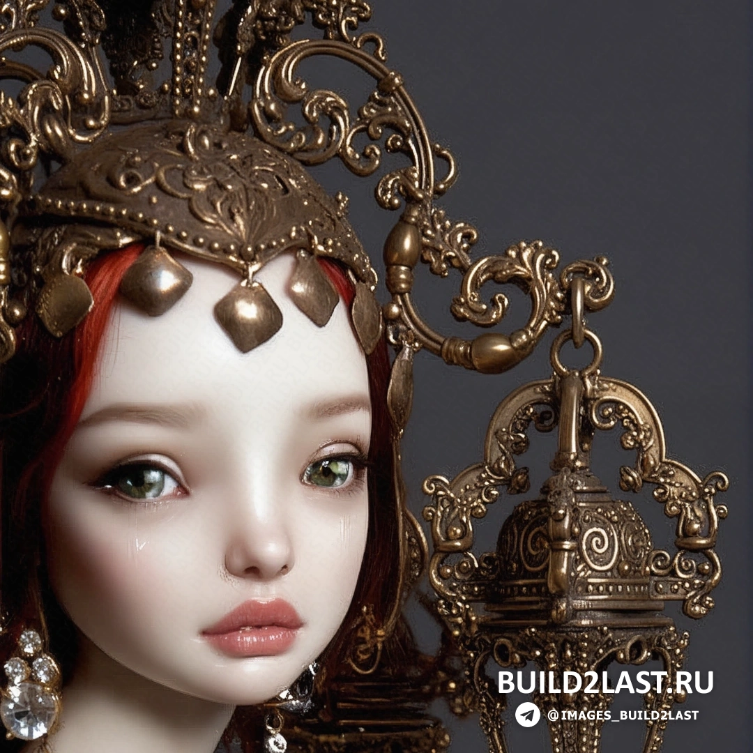 Кукла с выразительными глазами в ярком голубом костюме с поясом