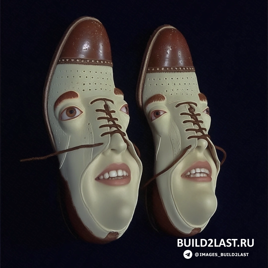Обувь, украшенная яркими глазами и улыбкой, на фоне нейтрального цвета