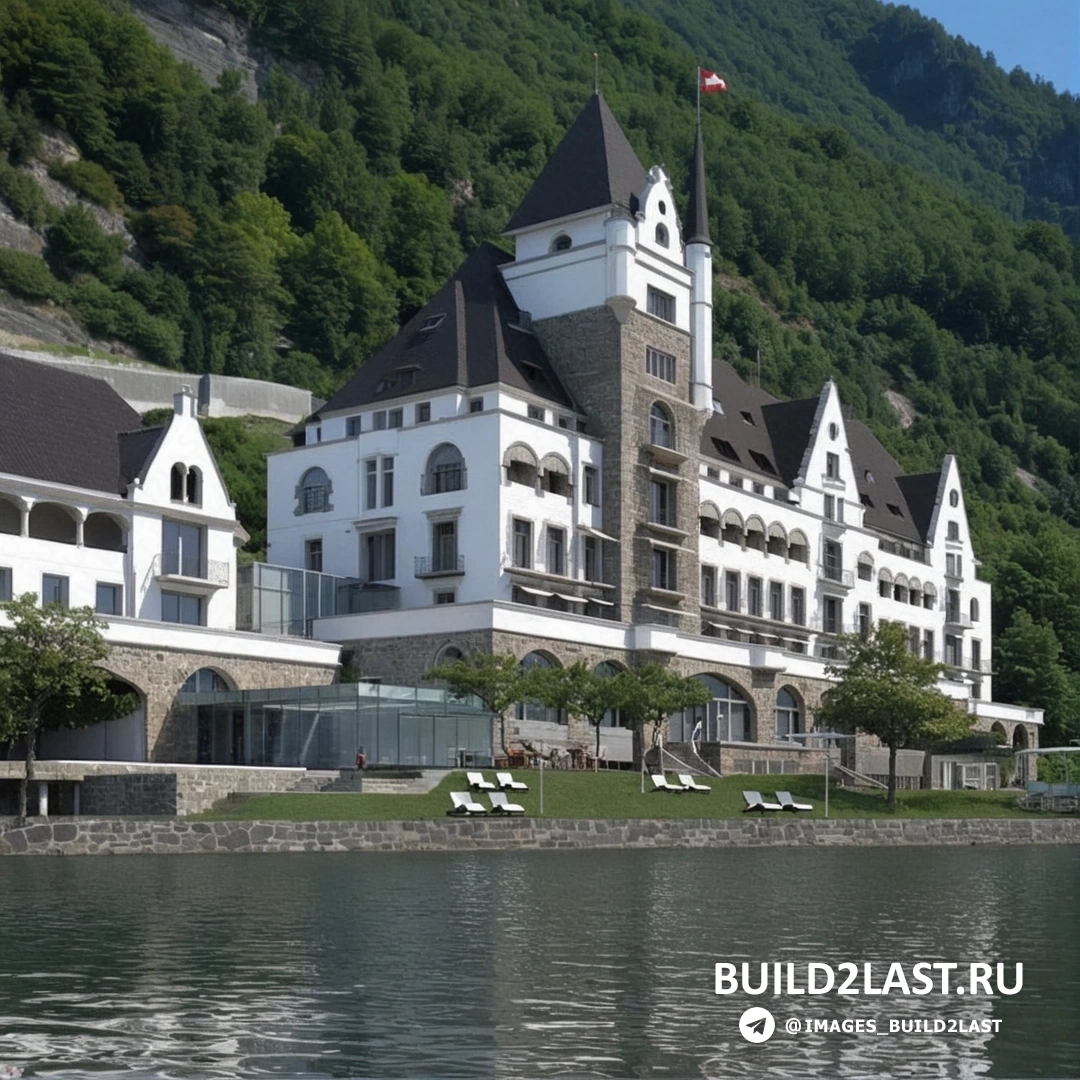 Отель на берегу озера в Швейцарии, с красивым видом на воду и горы, идеальное место для отдыха в летние месяцы