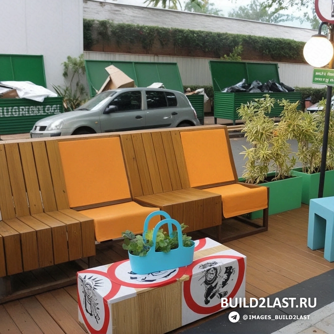 Парклет с террасной доской из светлого дерева, оранжевыми и голубыми акцентами на тротуарной плитке.