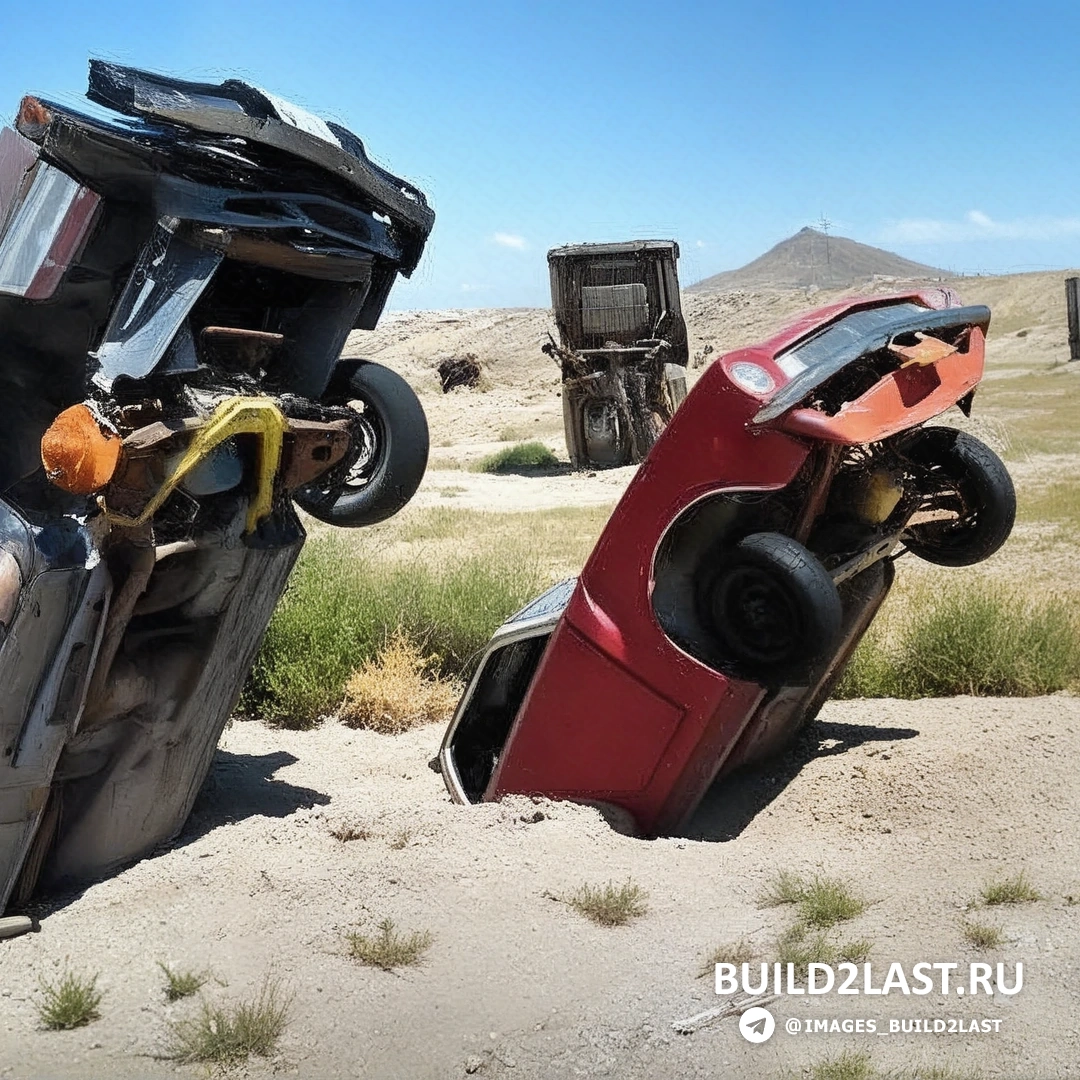 Серый автомобиль в пустыне Невада, окруженный инсталляциями и деконструктивистским стилем.