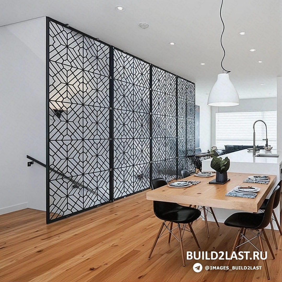 Современная кухня с барными стульями и кухонным островом. Светлое дерево и черные элементы в интерьере.