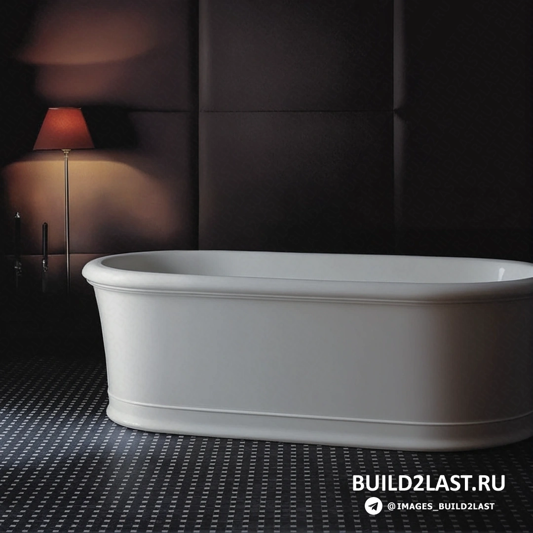 Современная ванна с угловатыми формами и эффектным сочетанием черного и белого цветов.