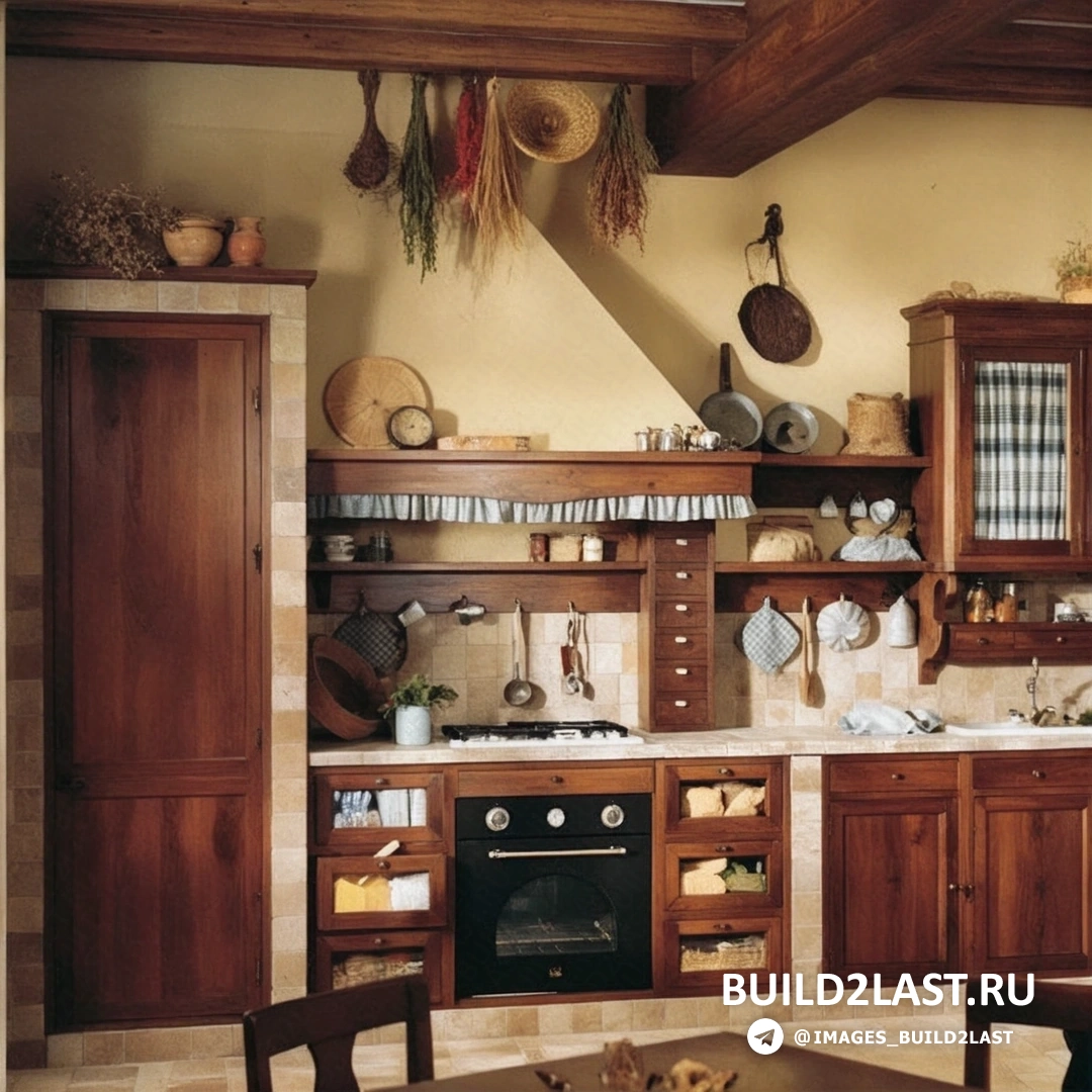 Светлый интерьер кухни с балками на потолке и зелеными растениями