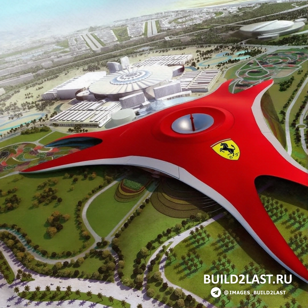 Тематический парк Ferrari World в Абу-Даби, красная аттракция на фоне ясного неба