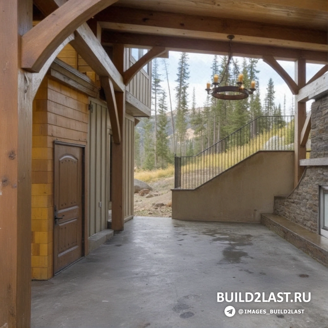 Терраса каркасного дома с уличной мебелью, декоративными подушками, стеклянными элементами и уличным освещением, в окружении леса и гор.