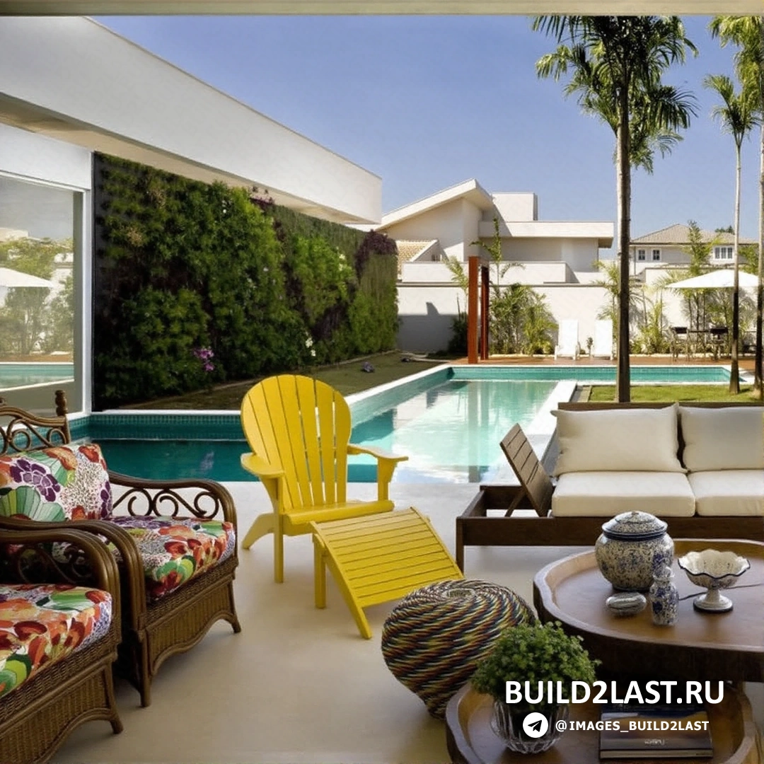 Терраса с бассейном, плетеной мебелью и яркими элементами в испанском эклектичном стиле.