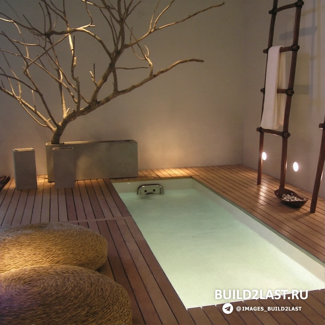 Ванная комната с деревянной бочкой, отражающей атмосферу японского сада.