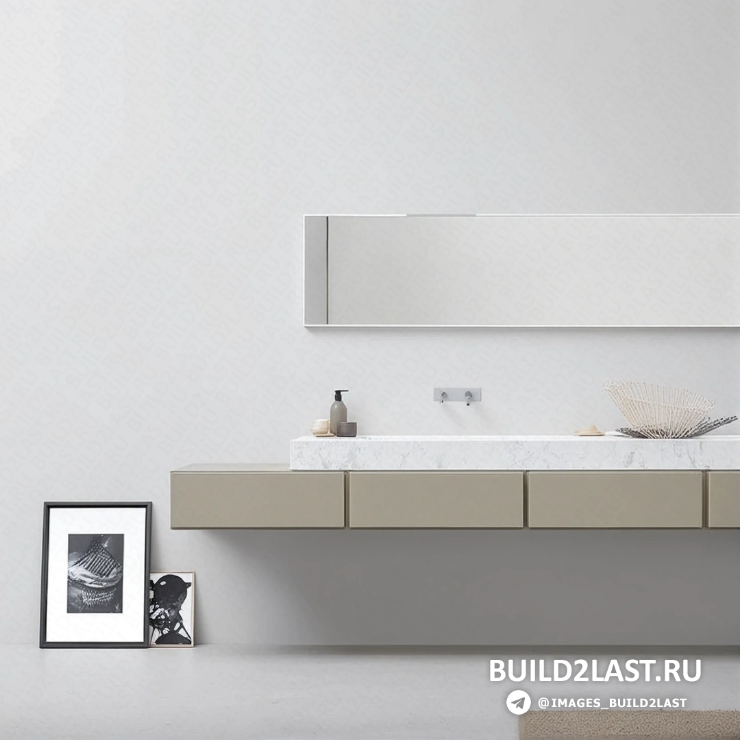 Ванная с подвесными светильниками, тумбочкой, раковиной и зеркалами в серых и белых тонах.