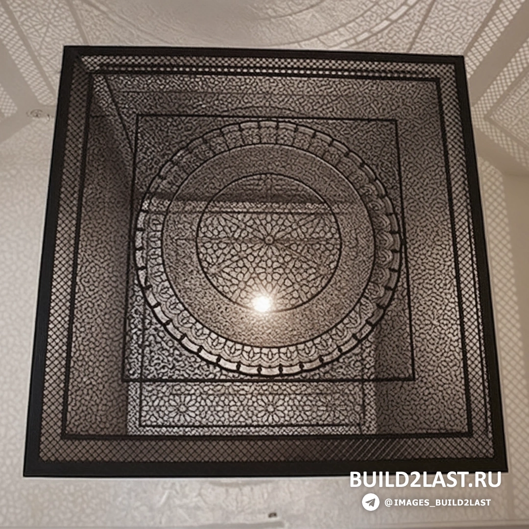 Вид на инсталляцию изнутри, где свет и тени играют на стенах, создавая впечатление окружения в темном пространстве.