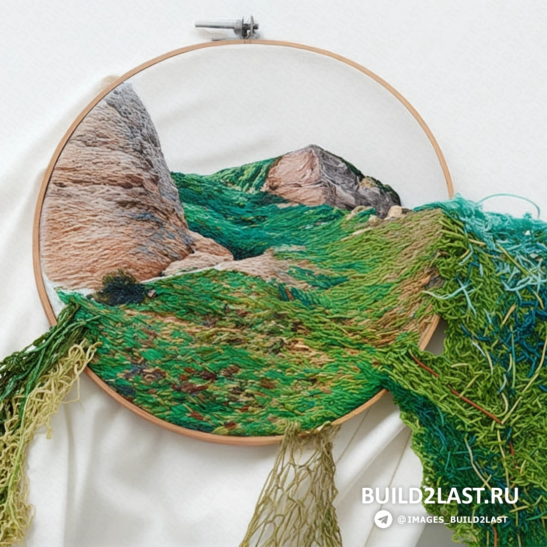 Вышитая картина, на которой переплетаются элементы городской жизни и мистических существ.